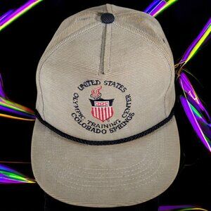 Vintage US Olympic Training Center Corduroy Cap Snapback Hat MADE IN USA Tan Bei